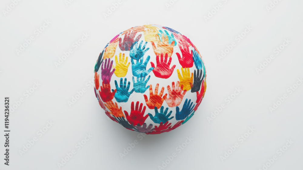 Diversity and unity concept with globe of colorful handprints on white background Diversity and unity concept with globe of colorful handprints on white background