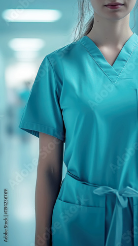 Medical professional in scrubs in hospital corridor for healthcare design photo