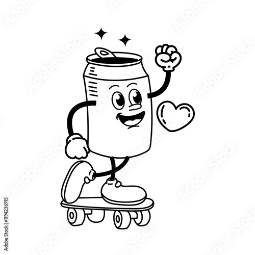 Vector illustration Retro Soda can mascot. Cute character in trendy retro 60s 70s cartoon style.