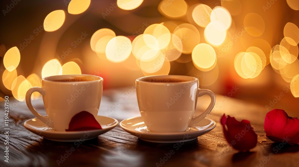 Two coffee cups on a table with a romantic setting