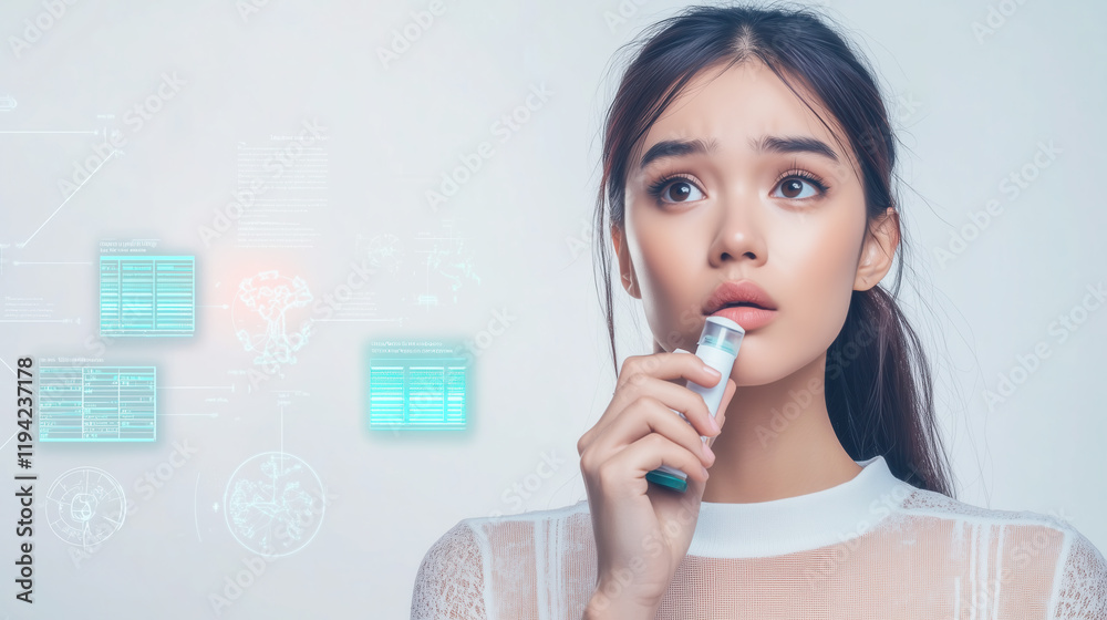 Concerned young woman holding device analyzing digital information Concerned young woman holding device analyzing digital information