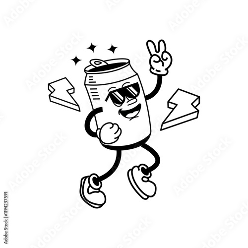 Vector illustration Retro Soda can mascot. Cute character in trendy retro 60s 70s cartoon style.