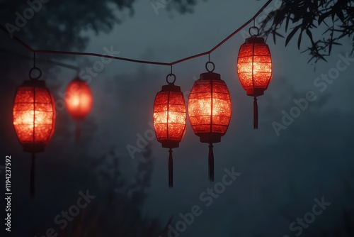 Red lanterns hanging on thin wires in the dark, creating a warm, serene glow against the quiet backdrop of a peaceful, silent night. photo