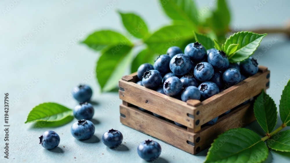 A rustic wooden crate overflowing with plump, juicy blueberries, nestled amongst vibrant green leaves, presents a delightful summer harvest scene. A rustic wooden crate overflowing with plump, juicy blueberries, nestled amongst vibrant green leaves, presents a delightful summer harvest scene.
