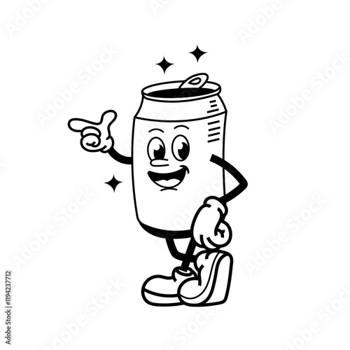 Vector illustration Retro Soda can mascot. Cute character in trendy retro 60s 70s cartoon style.