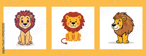 Three lions vector illustration clip art  set of lion isolated on white background animals Cute yellow, cartoon, elements, icon, symbol, baby,  feline, wild, predator, wildlife, safari, jungle, head, 