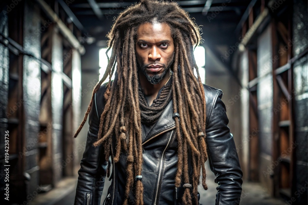 A man with dreadlocks and a leather jacket poses for a photo