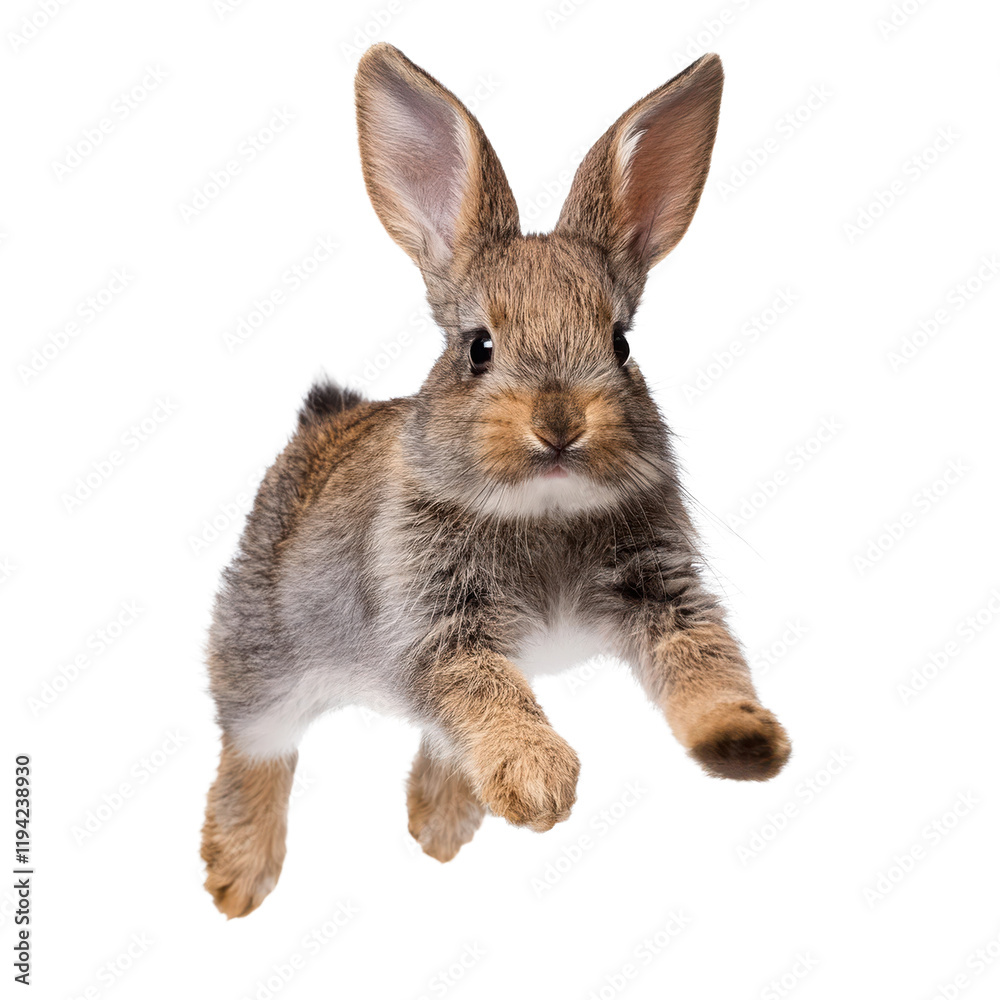 Fototapeta premium Cute rabbit leaping in the air, white isolate background