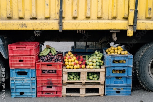 Vibrant Display of Fresh Fruits in Colorful Crates Underneath a Yellow Truck, Showcasing a Variety of Bananas, Apples, Grapes, and Lemons at a Local Market