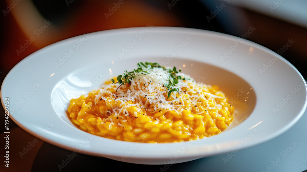 Delicious pumpkin risotto in a white plate with grated cheese garnish Delicious pumpkin risotto in a white plate with grated cheese garnish