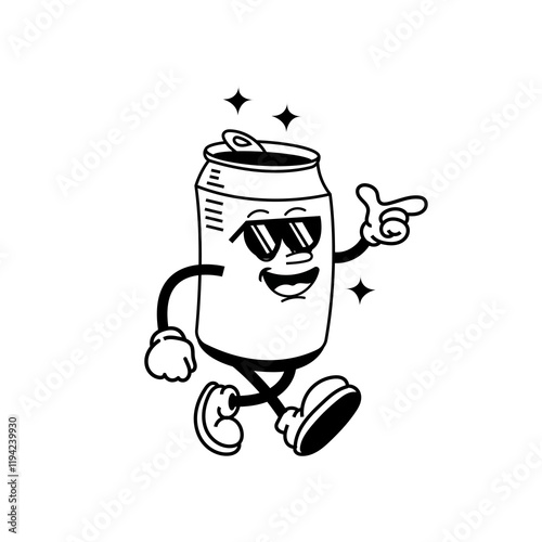 Vector illustration Retro Soda can mascot. Cute character in trendy retro 60s 70s cartoon style.