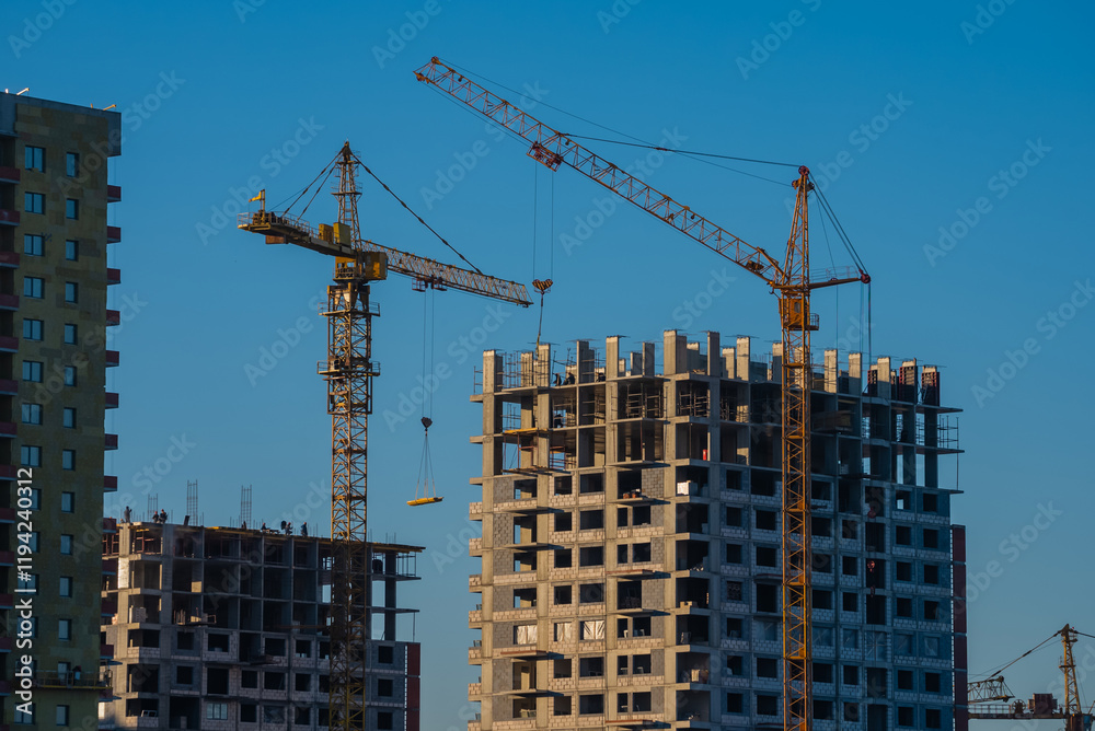 Tower cranes working at construction site building new high-rise residential apartment building against clear blue sky, representing urban development and housing growth Tower cranes working at construction site building new high-rise residential apartment building against clear blue sky, representing urban development and housing growth