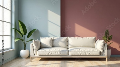 Serene Living Room with Modern Sofa and Lush Greenery in Soft Light