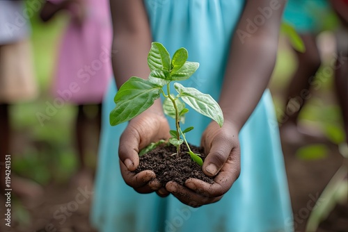 Selective focus on a childâ€™s hands holding a young plant, with other children in the background watching the planting process. photo