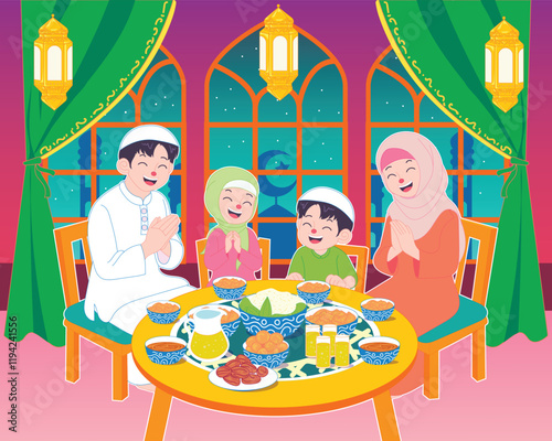 Ramadan family iftar scene with food, drinks, Islamic decor, large window, and mosque in the background.