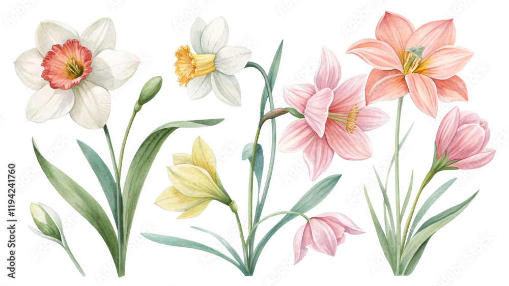 Watercolor Spring Flowers Composition Daffodils, Amaryllis, Crocus, Isolated on Transparent Background, Botanical Illustration, Spring flowers, watercolor painting, floral design Watercolor Spring Flowers Composition Daffodils, Amaryllis, Crocus, Isolated on Transparent Background, Botanical Illustration, Spring flowers, watercolor painting, floral design