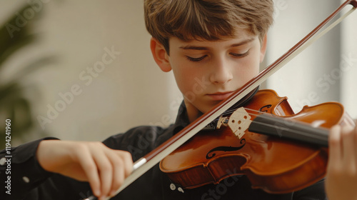 Young violinist practicing with focus and dedication in a music classroom