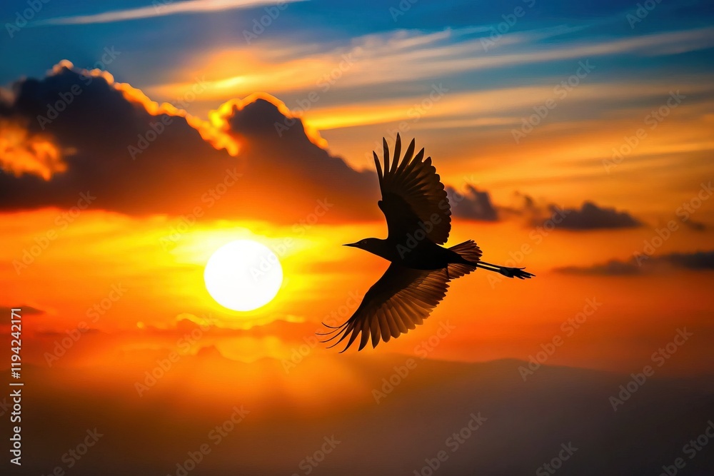 Obraz premium Minimalist Silhouette of a Bird in Flight - Sunset Backdrop