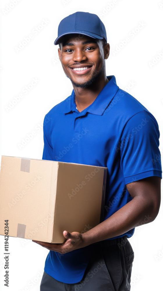 Young man in moving company uniform holding box for relocation service concept Young man in moving company uniform holding box for relocation service concept