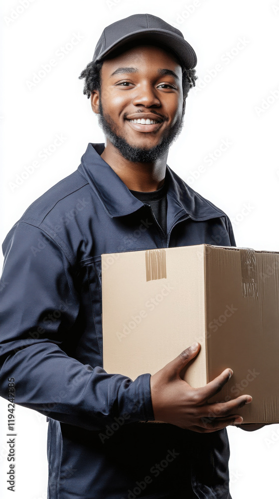 Friendly moving service professional holding cardboard box for reliable transportation and delivery