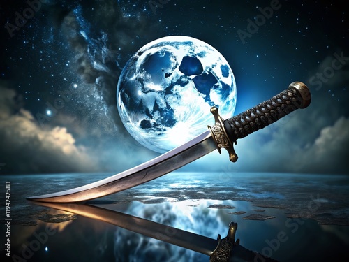 Nighttime Scimitar: Gleaming Blade Under Moonlight,  Reflective Surface, Dark Background photo