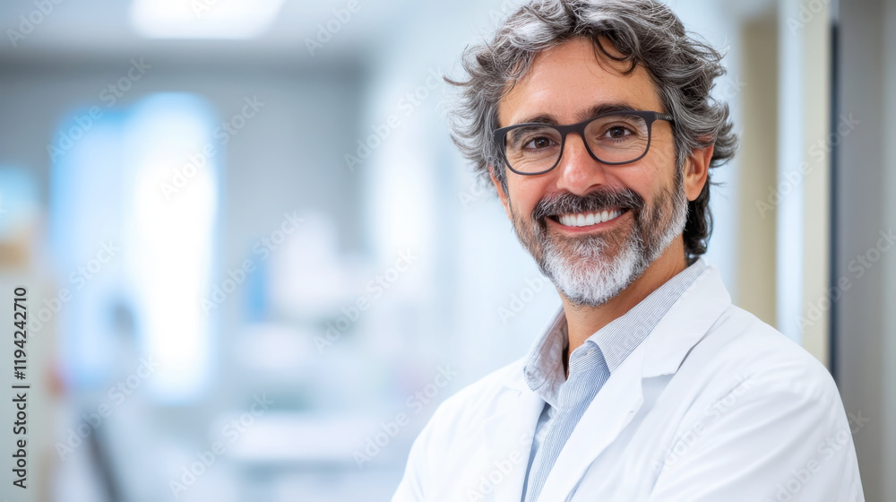 Friendly doctor with a warm smile in a modern medical setting Friendly doctor with a warm smile in a modern medical setting