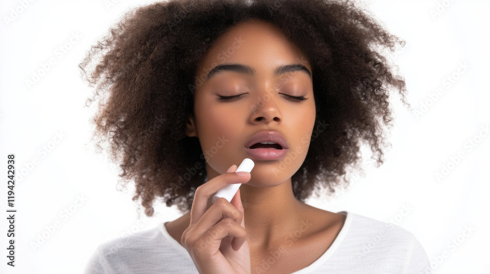 Model demonstrating nasal spray use for cold relief and allergy treatment against plain background Model demonstrating nasal spray use for cold relief and allergy treatment against plain background