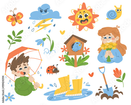 Spring elements set. Springtime cute objects. Vector illustration sun, cloud, happy people, insects, flowers