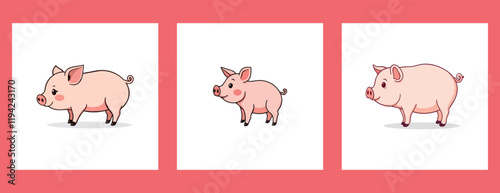 Three cute pink pig cartoon clip art vector illustration set collection soars like a piggybank of savings animal, pigs, farm, pork,  digital, image, icon, symbol, element, character, baby, little,