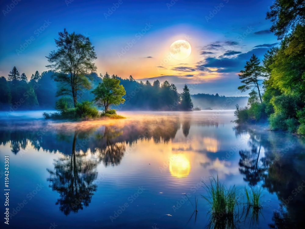Obraz premium Mystical Full Moon Lake at Twilight: Fog, Trees, Macro Photography