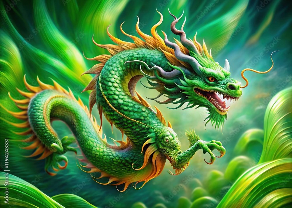 Fototapeta premium Mystical Green Dragon in Motion: Abstract Asian Art, Vibrant Scales, Flowing Energy