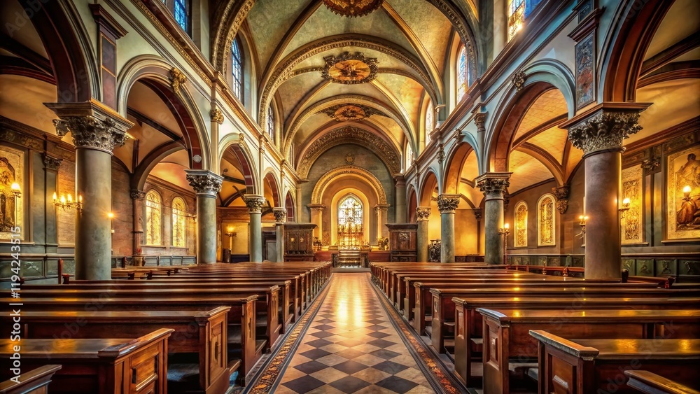 Fototapeta premium Ornate Church Interior: Celestial Ceiling, Wooden Pews, Altar - Stock Photo