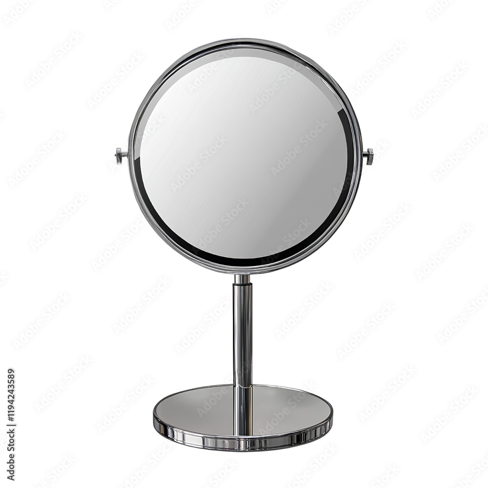 An ultra-realistic photograph of a round, stand-up makeup table with a silver metal mirror, isolated on a transparent background An ultra-realistic photograph of a round, stand-up makeup table with a silver metal mirror, isolated on a transparent background