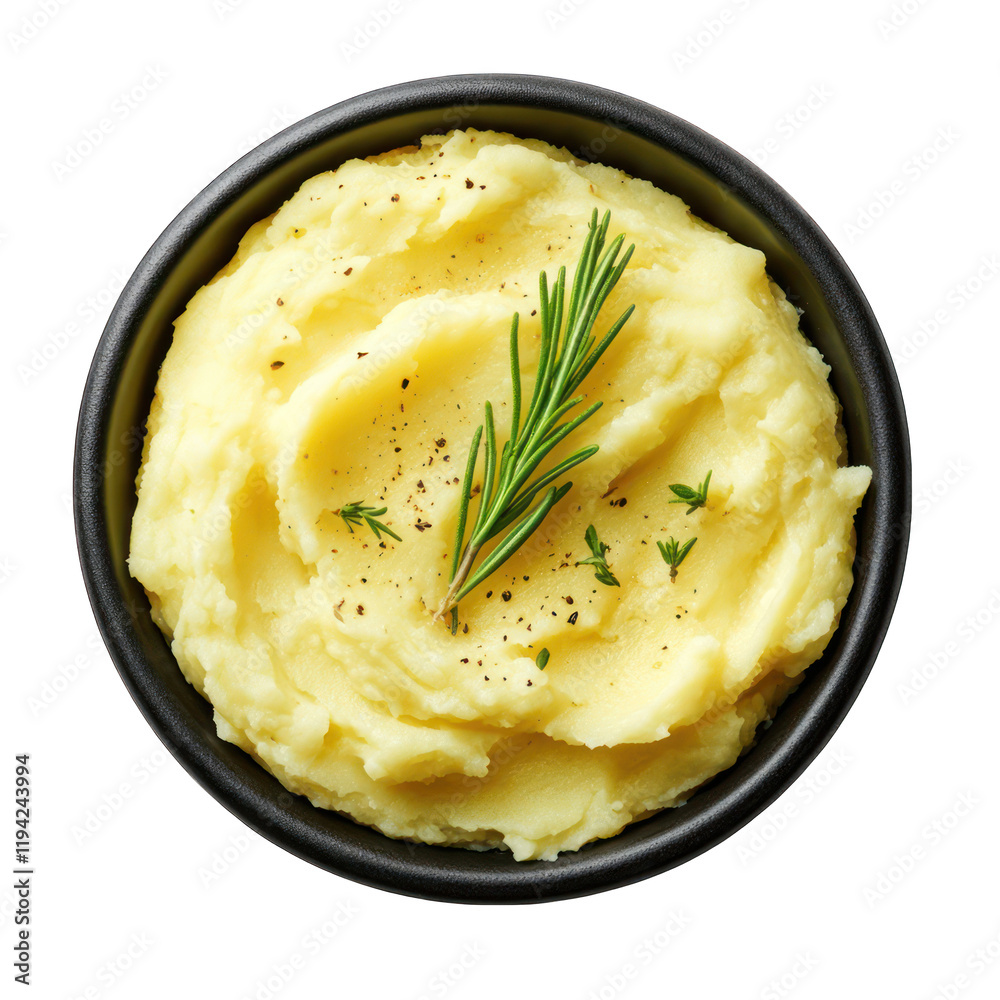 Black bowl of mashed potatoes isolated on transparent background Black bowl of mashed potatoes isolated on transparent background