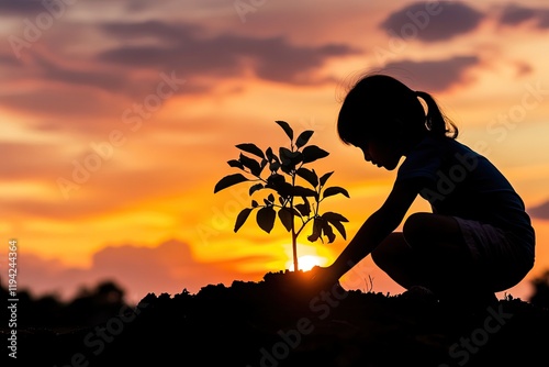 Silhouette of a child digging a hole in the ground, preparing to plant a tree, with a glowing sunset sky in the background. photo