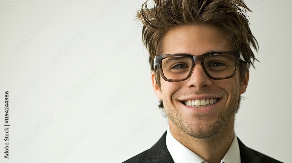 Smart businessman smiling at camera, wearing trendy transparent glasses Smart businessman smiling at camera, wearing trendy transparent glasses