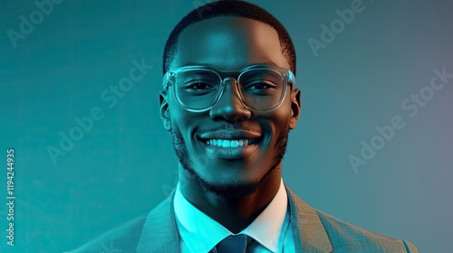 Smart businessman smiling at camera, wearing trendy transparent glasses photo