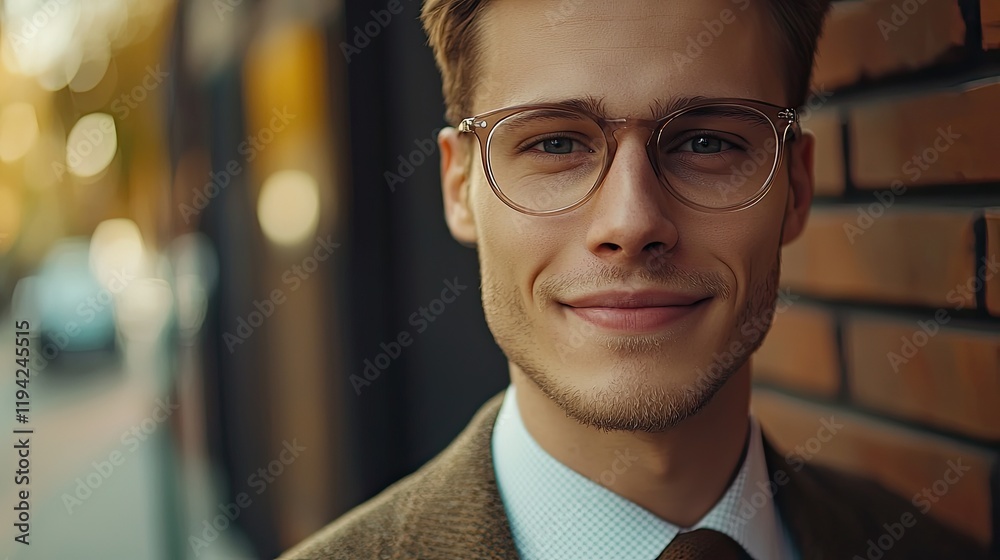 Fototapeta premium Smart businessman smiling at camera, wearing trendy transparent glasses