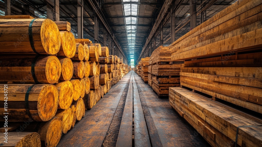 Industrial Lumber Warehouse with Stacked Wooden Logs and Beams Bathed in Warm Light, Showcase of Timber Supply and Storage Infrastructure in Modern Construction