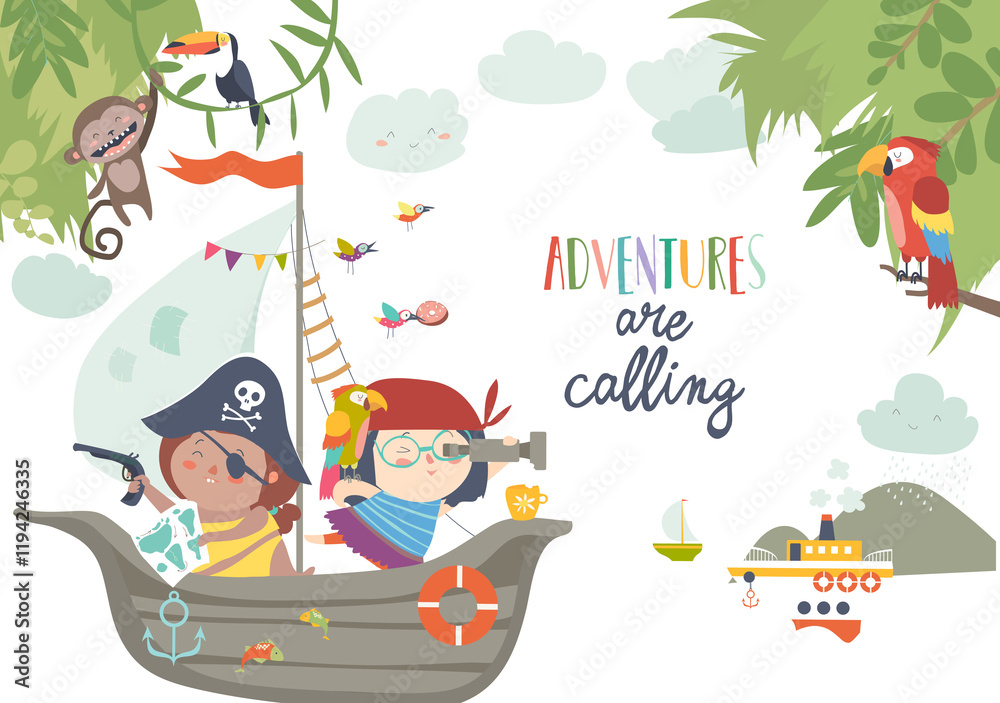 Naklejka premium Cute pirates sailing in their ship. Vector illustration