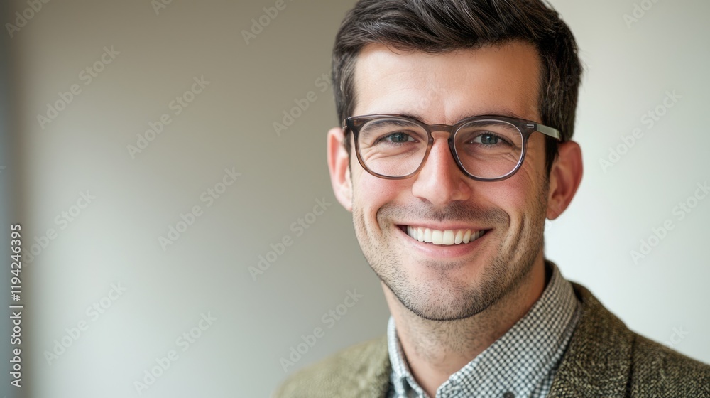 Smart businessman smiling at camera, wearing trendy transparent glasses Smart businessman smiling at camera, wearing trendy transparent glasses