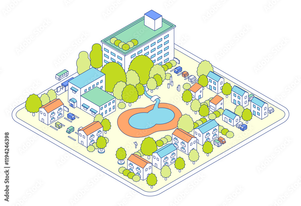 アイソメトリックの街のイラスト。大きな池のある公園とアパートが建つ住宅地。駐車場が隣接する建物。