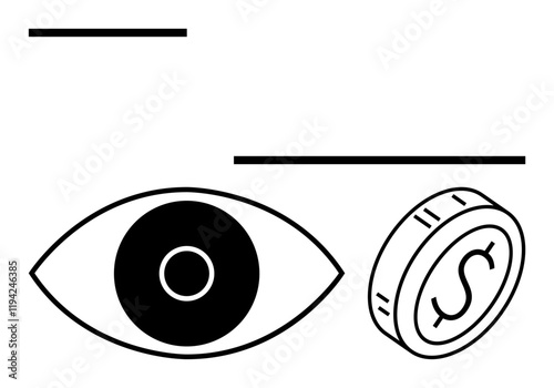 Eye with bold iris and coin featuring dollar sign aligned with lines. Ideal for finance, vision, investment, strategy, goal-setting, attention, and focus themes. Abstract line flat metaphor