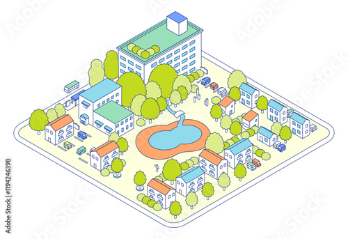 アイソメトリックの街のイラスト。大きな池のある公園とアパートが建つ住宅地。駐車場が隣接する建物。
