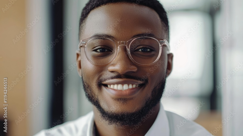 Smart businessman smiling at camera, wearing trendy transparent glasses Smart businessman smiling at camera, wearing trendy transparent glasses