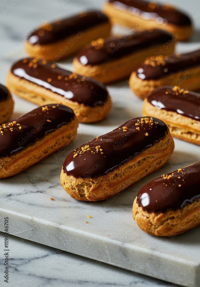 Decadent chocolate eclairs on marble surface Decadent chocolate eclairs on marble surface