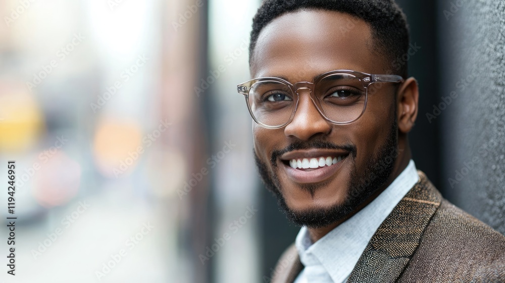 Smart businessman smiling at camera, wearing trendy transparent glasses. Smart businessman smiling at camera, wearing trendy transparent glasses.