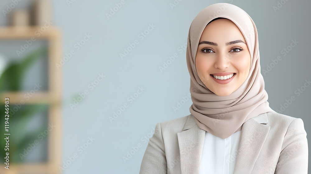 Smiling Muslim businesswoman sharing, Confident Muslim Businesswoman Smiling in Office Setting Smiling Muslim businesswoman sharing, Confident Muslim Businesswoman Smiling in Office Setting