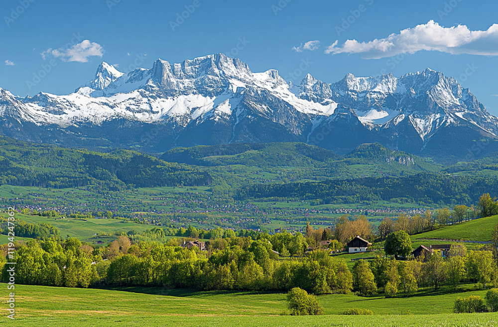 Obraz premium Beautiful green mountains with snow-capped peaks in the background. Landscape of highland valley and alpine meadow on a sunny day. Vast nature scene of the French Alps