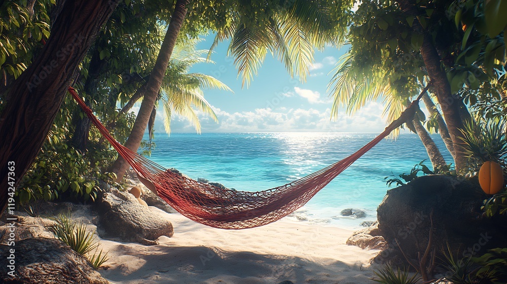 Fototapeta premium A beachside hammock chair swaying gently under the shade of palm trees, with a view of turquoise water stretching out to the horizon, sunlight filtering through the leaves creating playful shadows,
